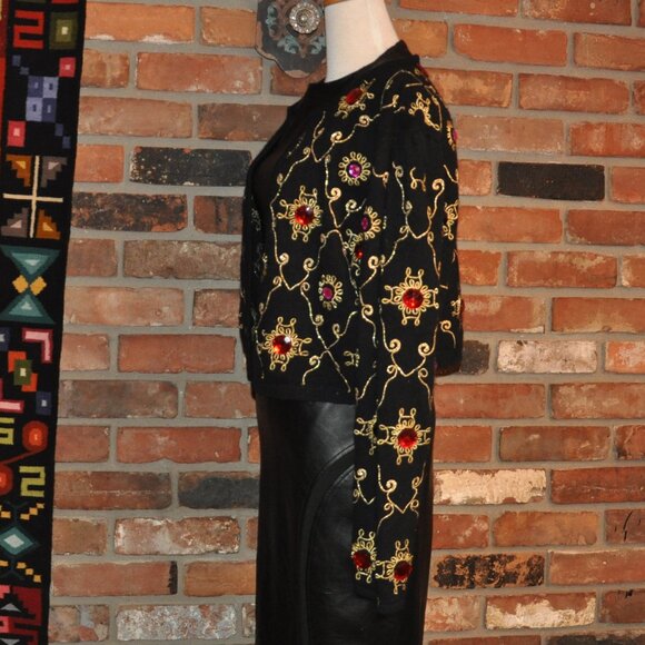Vtg Magnolia BLACK Wool Angora KNIT CARDIGAN SWEATER Embroidery L Gems - Picture 5 of 10